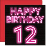 Leuke Neon Glow Leuke 12e verjaardagskaarten voor jongens en meisjes - Happy Birthday-kaart voor zoon dochter broer zus kleinzoon kleindochter nichtje neef, 145 mm wenskaarten, 12e kaart