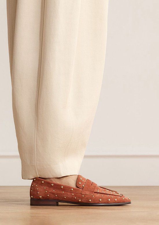 Manfield - Dames - Oranje suède loafers met studs - Maat 38