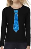 Bellatio Decorations Verkleed shirt dames - stropdas paillet blauw - zwart - carnaval - longsleeve XXL