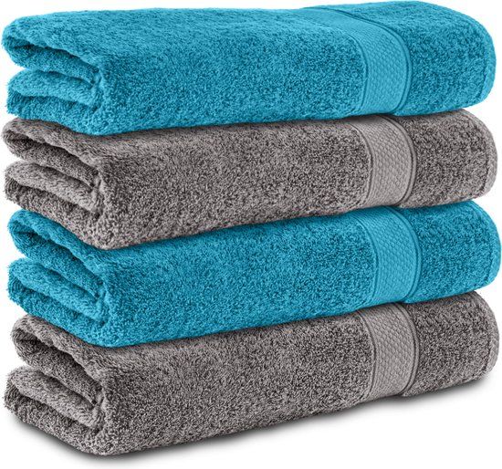 Komfortec handdoeken – Set van 4 - Badhanddoek 70x140 cm - 100% Katoen – Antracietgrijs & Turquoise