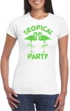 Bellatio Decorations Tropical party T-shirt dames - met glitters - wit/groen - carnaval/themafeest XL