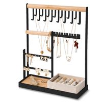 DreamGenius Sieraden Organizer Stand met Fluwelen Ring Houder, 4 Tier Sieraden Houder Organizer met 15 Haken Ketting Organizer en Beugel Houder, Sieraden Stand met 16 Gaten voor Oorbel Houder, Zwart