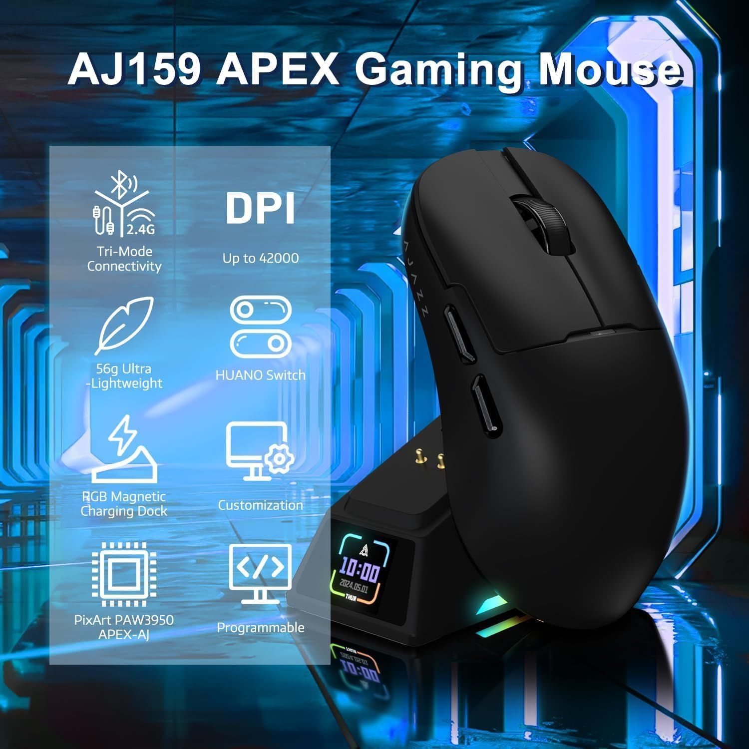 AJAZZ AJ159 APEX Esports-gamingmuis, PAW3950, draadloos 8K, lichtgewicht, tri-mode, voor kleine tot middelgrote handen, met oplaadmogelijkheid