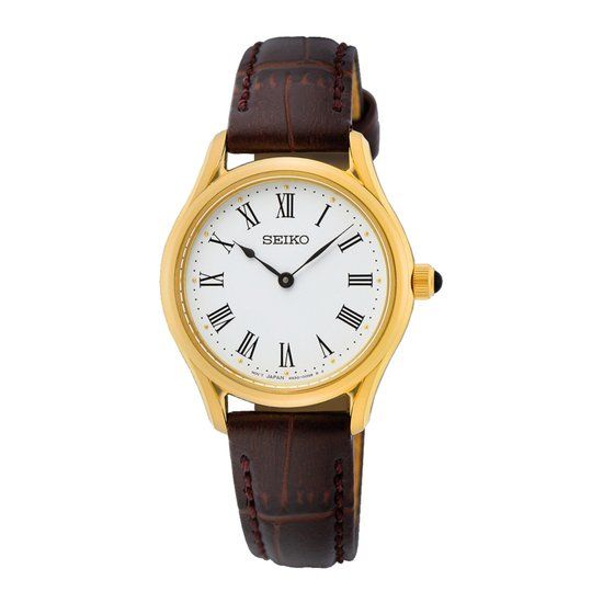 Seiko SWR072P1 Dames Horloge - Wit - Goudkleurig - Bruin Leer - Saffierglas - 29 mm