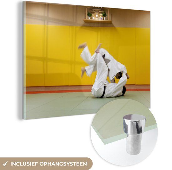 MuchoWow® Glass Painting 150x100 cm - Acrylic Glass Painting - Two athletes playing judo in a gym - Photo on glass - Paintings