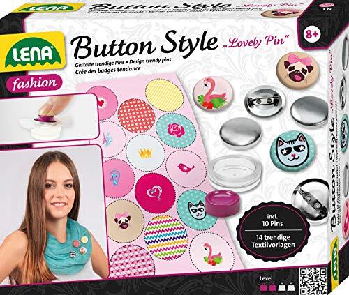 Lena 42564 - Knutselset Button Style Lovely Pin, set voor coole buttons met 10 metalen knopen, gereedschap, 14 voorbeelden van stof met leuke ontwerpen en dieren, fashion modeset, vanaf 8 jaar