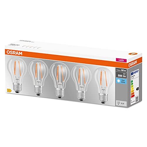 OSRAM Lamps OSRAM LED lamp, Voet: E27, Cool White, 4000 K, 6,50 W, vervanging voor 60 W gloeilamp, helder, LED BASE CLASSIC A Set van 5
