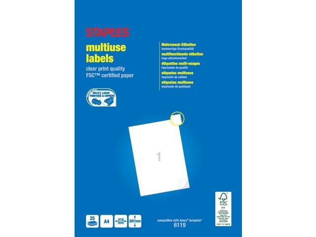 Staples Staples Multifunctionele Etiketten Permanent, 297 x 210 mm, Rechthoekig, 1 Etiket per vel, Wit