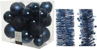 Decoris Kerstballen Kunststof 6-8-10 cm - Folieslingers Donkerblauw - 28 Stuks - Mix Mat Glans Glitter