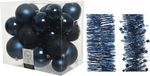 Decoris Kerstballen Kunststof 6-8-10 cm - Folieslingers Donkerblauw - 28 Stuks - Mix Mat Glans Glitter