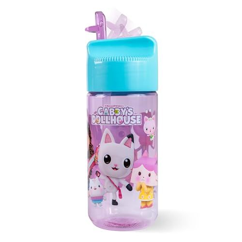 p:os Gabby's Dollhouse Drinkfles voor kinderen, 430 ml, met rietje, kleine fles, perfect voor de kleuterschool, de speelplaats of thuis, voor meisjes, paars
