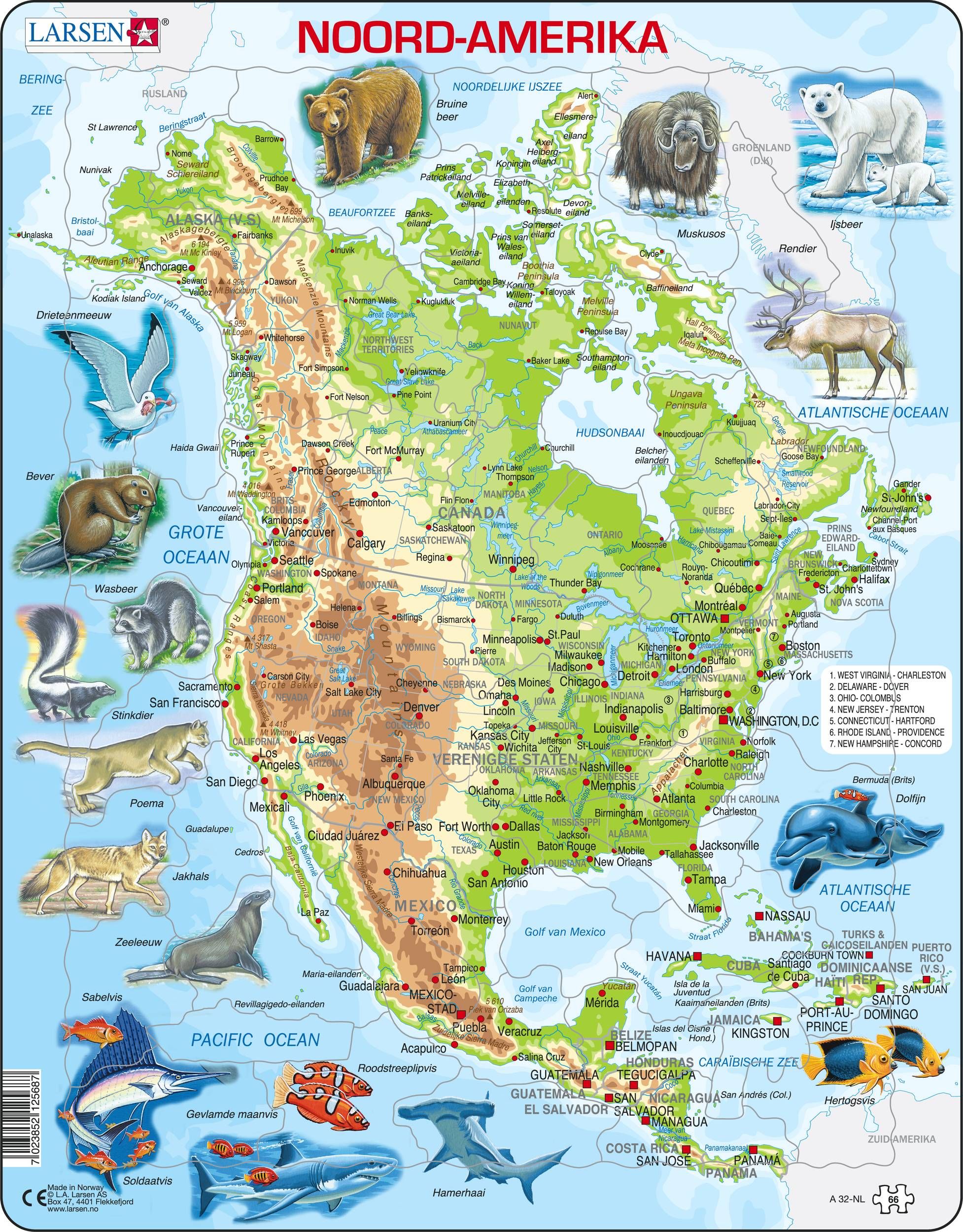 Larsen Maxi Kaart Noord Amerika Geografisch met Dieren 66 stukjes - Puzzel