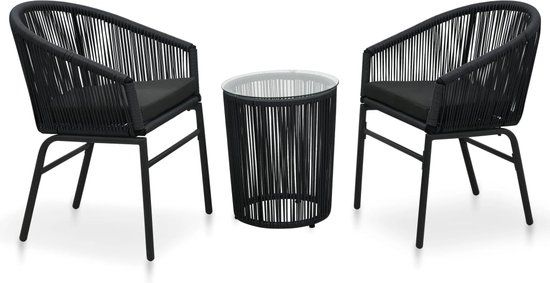 The Living Store Bistroset - 3-delig - Zwart - PE-rattan - Stalen frame - Gehard glas - Inclusief kussens