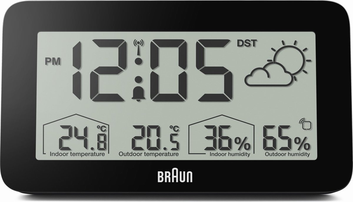 Braun BC13BP-DCF - Weerstation - LCD-scherm - Achtergrondverlichtingsfunctie - Vochtigheid - Weergegevens - Weervoorspelling - Radiogestuurde functie - 12/24 uur modus - Wekkerfunctie - Snooze - Zwart