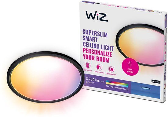 WiZ Plafondlamp SuperSlim - Diameter: 56 cm - Gekleurd en Wit Licht - Slimme LED Verlichting - Geïntegreerde LED - 32W - Zwart