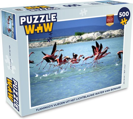 MuchoWow Puzzel Flamingo's vliegen uit het lichtblauwe water van Bonaire - Legpuzzel - Puzzel 500 stukjes - Sinterklaas cadeautjes - Sinterklaas voor grote kinderen