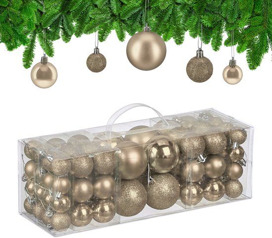 Relaxdays kerstballen set van 76 - 3, 4 en 6 cm - plastic - onbreekbaar - champagne