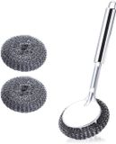 Brosse à vaisselle sans marque avec poils en acier et manche, éponge métallique de nettoyage en profondeur, adaptée pour poêles, casseroles, fours, grils et éviers - éponge en acier inoxydable, 2 têtes de brosse remplaçables