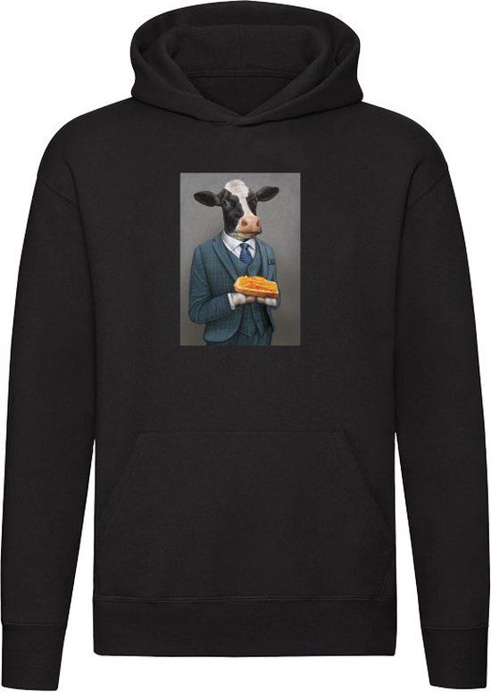 Koe in pak met tosti Hoodie - Zwart - XL - Unisex