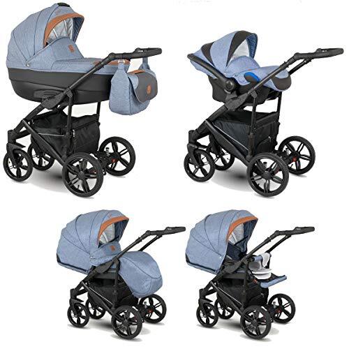 Lux4Kids Kinderwagen Buggy autostoel 11 kleuren gratis toebehoren Leo by ChillyKids 3in1 mit Babyschale Pure Denim BA-6.