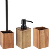 Tendance Badkamer set - zeeppomp/beker/WC-borstel - acacia - zwarte accenten