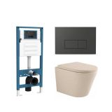 QeramiQ Dely Toiletset - inbouwreservoir Qeramiq Flush - 35mm zitting - kunststof mat antraciete bedieningsplaat - rechthoekige knoppen - beige