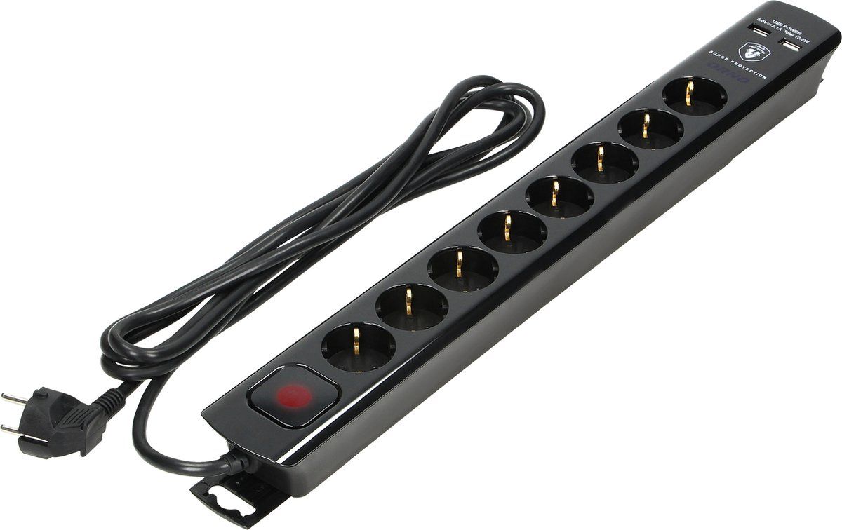 Orno Design stekkerdoos zwart - 8x Schuko + 2x USB - 3 meter - Type 3 SPD