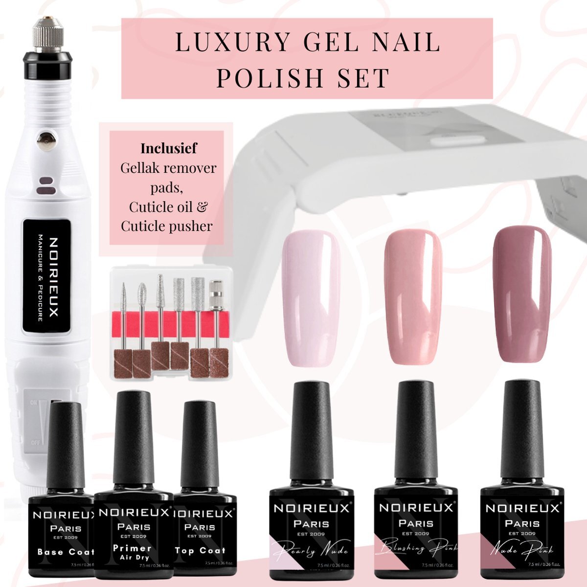 NOIRIEUX® Gellak starterspakket NUDE - Gellak - 3 NUDE top kleuren gellak nagellak - UV led lamp - Elektrische nagelvijl - Manicure set - Nagellak set