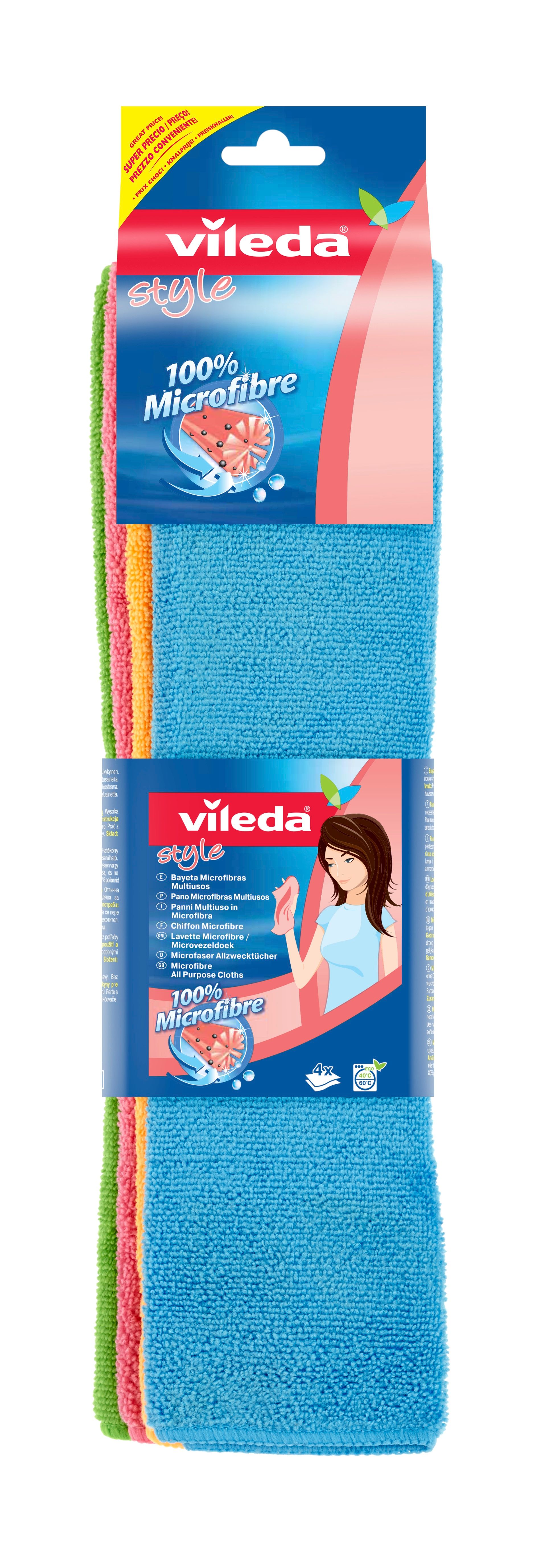 Vileda Schoonmaakdoeken - Microvezel - 4 stuks - Blauw, Groen, Oranje, Rood