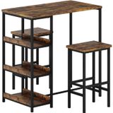 Ensemble de salle à manger composé de 3 pièces : table à manger avec rangement intégré et tabourets de bar - Convient pour 2 personnes - Rectangulaire - Cadre en métal - Gain de place - Marron