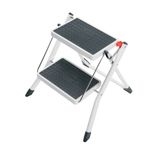 Hailo MK60 Mini stalen trapladder, 2 grote treden met antislipmatten tot 150 kg, klapbeveiliging met ontgrendelingsknop, draaggreep, roestvrij en eenvoudig op te bergen, wit