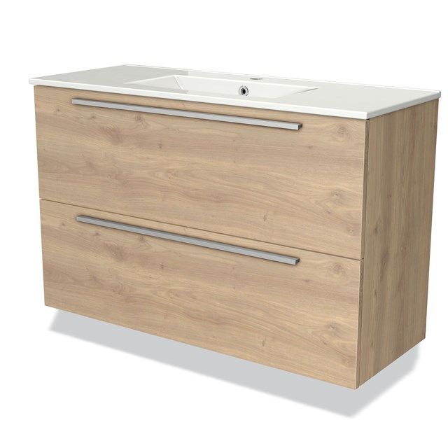 Maxaro Badkamermeubel 100cm Modulo Slim Lichtbruin Eiken 2 Lades Vlak Wastafel Keramiek - 6095832677647