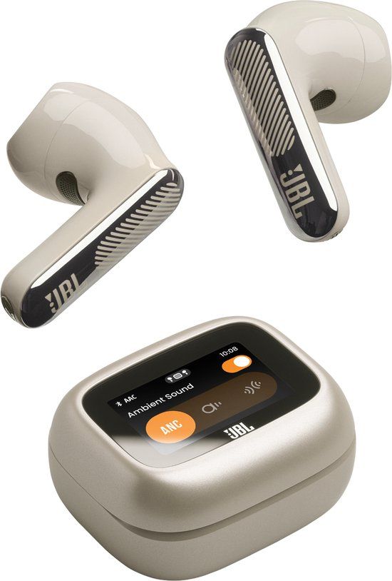 JBL Live Flex 4 – Draadloze Oordopjes met Noise Cancelling – Smart Case met Touchscreen – Bluetooth Draadloos Oordopjes – 50 uur – Waterdicht – IP54 - Champagne/Beige