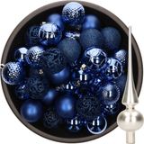 Decoris Boules de Noël - 37x pièces - 6 cm - bleu cobalt - plastique - incl. étoile de sapin argent mat