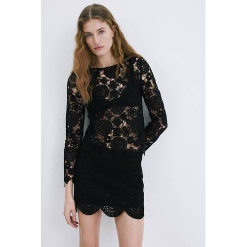 Mango Korte Rok Crochet Zwart