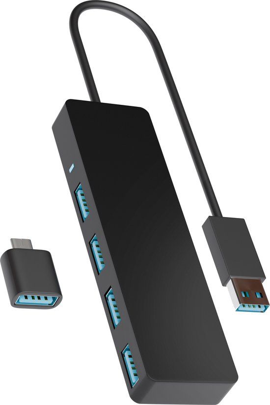 Nuvance USB 3.0 Hub, 4 Poorten, Inclusief USB C Converter, Zwart