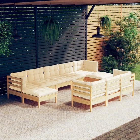 The Living Store 10-delige Loungeset met crèmekleurig kussens massief grenenhout - Tuinset