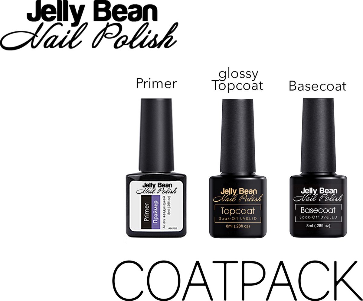 Jelly Bean Nail Polish Gel Nagellak - Coatpack - Base & Top coat nagellak set - Gel nagellak - UV gellak set - 2xTopcoat - Basecoat - UV Nagellak 8ml