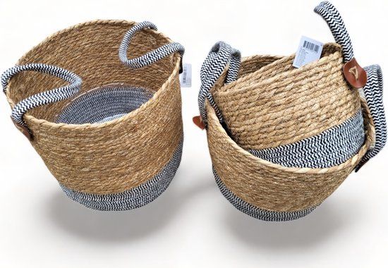 Seasons & Style Set van 3 Zeegras Plantenmanden - Bruin/Zwart/Wit - Rond - 29 cm