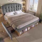 MODFU Gestoffeerd Tweepersoonsbed 140x190 cm – Verstelbaar hoofdbord & opbergruimte – Fluweel – Grijs