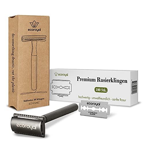 Ecoroyal Scheermesjes voor dames en heren, 100 scheermesjes, nat scheermesje, metalen scheerapparaat, baardschaaf, dubbele rand, zwart