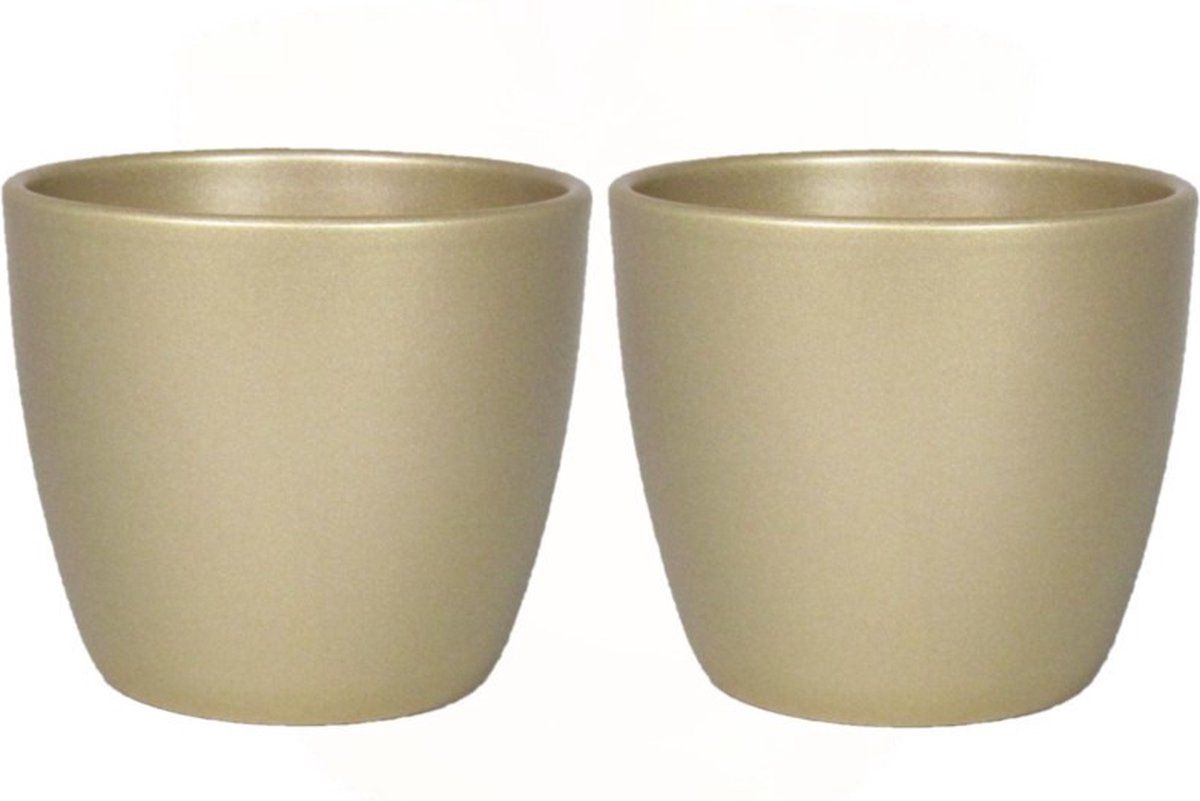 Floran 2x kleine bloempot/plantenpot keramiek parelgoud D19.5 en H17 cm