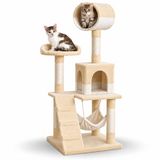 Belviona Poteau griffoir pour chat avec maisonnette, 133 cm, hamac, escalier & poteaux en sisal, beige/blanc