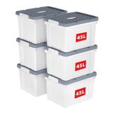 Cetomo 45L x 6 opbergdozen, plastic opbergdoos met deksels, organiserende container met handvat en veilige vergrendelende gespen, stapelbaar, nestbaar, draagtas voor thuiskantoor kleding, 45L-6Pack