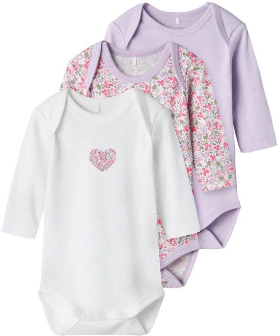 Name it Romper 3-pack Pastel Lilac Gebloemd Vrouwen 51% Biologisch katoen, 49% Katoen Maat 50