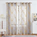 Goodivery Voile gordijnen met ingestanste ringen, goudfolie, grijs, boomtakken bedrukt, transparante gordijnen, luxueus en modern, 175 cm