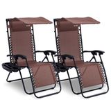 Serenelife Ligstoel, Set van 2 Ligstoelen - Verstelbare Tuinligstoelen met Zonnescherm,Zijtafel,Bekerhouders, Afneembare Kussens - Opvouwbare en Draagbare Loungestoelen voor Terras,Tuin,Strand - Bruin
