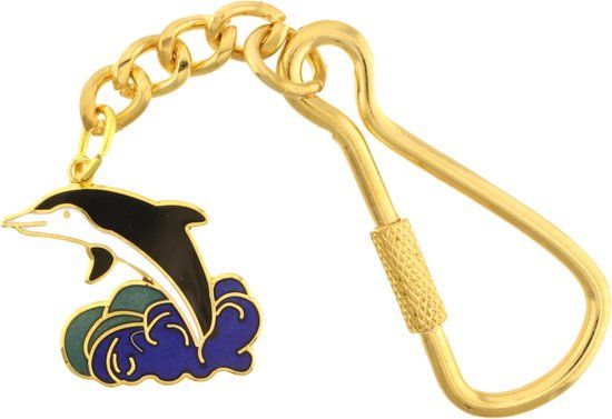 Behave® Sleutelhanger dolfijn goud kleur zwart wit emaille 11 cm