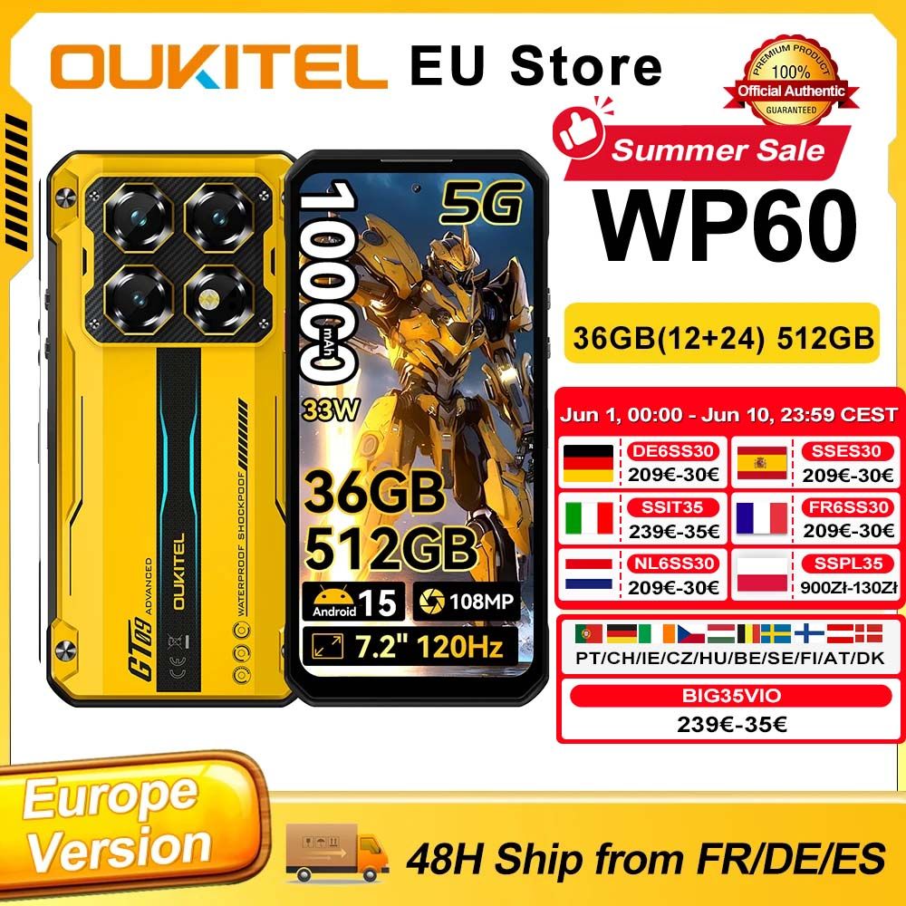 OUKITEL WP60 7.2" HD+ 120Hz Smartphone 36GB RAM 512GB ROM MTK 7025 5G 10000mAh 108MP Android 15 NFC