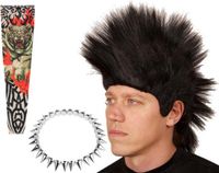 Merkloos Carnaval verkleed set heren punker - hanekam pruik zwart - spikes ketting zilver - tattoo sleeves tiger tribal